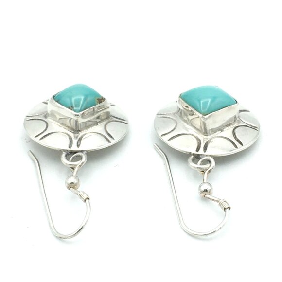 NATIVE AMERICAN turquoise & sterling silver concho earrings - signed HTS drop - Picture 3 of 7